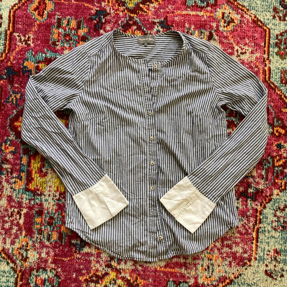 Michael Stars Blue & White Striped Collarless Button Down w/ Accent Cuff